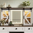 thumbnail image 4 of Euroco 43.3" Farmhouse Makeup Vanity Desk with Lighted Mirror,Dressing Table with Sliding Barn Door Hidden Shelves & 3 Drawers & 2 Cabinets, Beige, 4 of 9