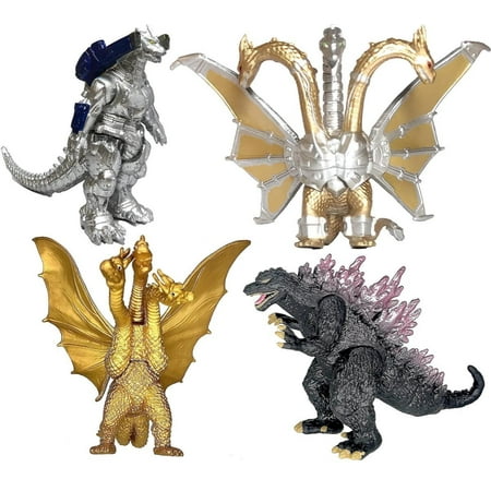 Set of 4 Godzill Toys Movable Joint Action Figures King of The Monsters Burning Heisei Mecha Ghidorah Pack Plastic Mini Dinosaur Birthday Cake Toppers Package