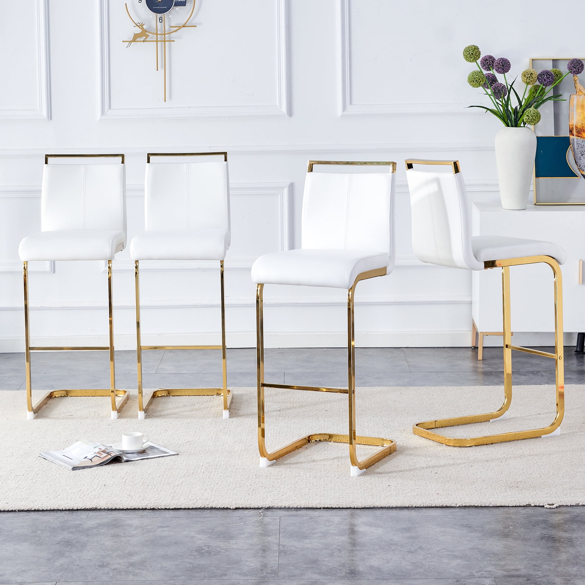 Lecut 30" Counter Height Bar Stools Set of 4, Modern Upholstered PU Leather Bar Stools with Back and Gold Chrome Plated Metal Frame, Armless Bar Chairs for Kitchen Island (White+Gold)