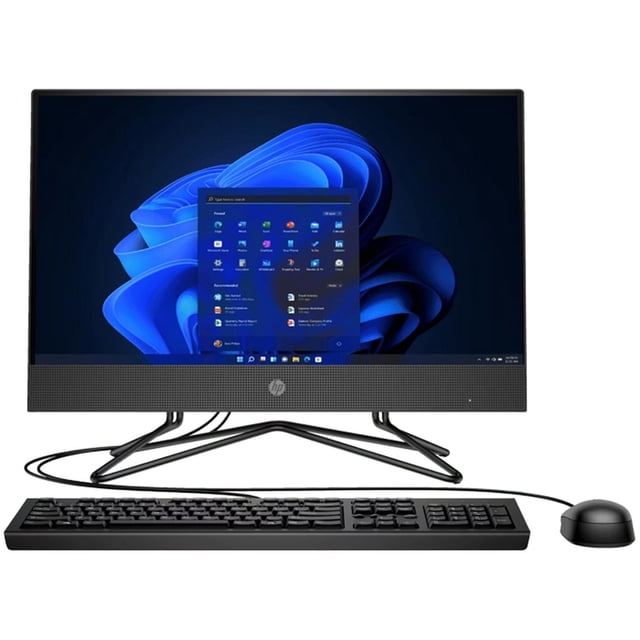 computadora all in one hp aio 200 g4 core i3 1215u 12gb 1tb 21.5 hp 737b7lt#abm-v2 color negro con pantalla de 21.5" 1920 x 1080, vista frontal con microbordes, base en forma de cruz, teclado y mouse cableados visibles; especificaciones en etiqueta: Intel Core i3 1215U, 12GB RAM, HDD 1TB. A menudo usada para tareas de oficina y estudio.