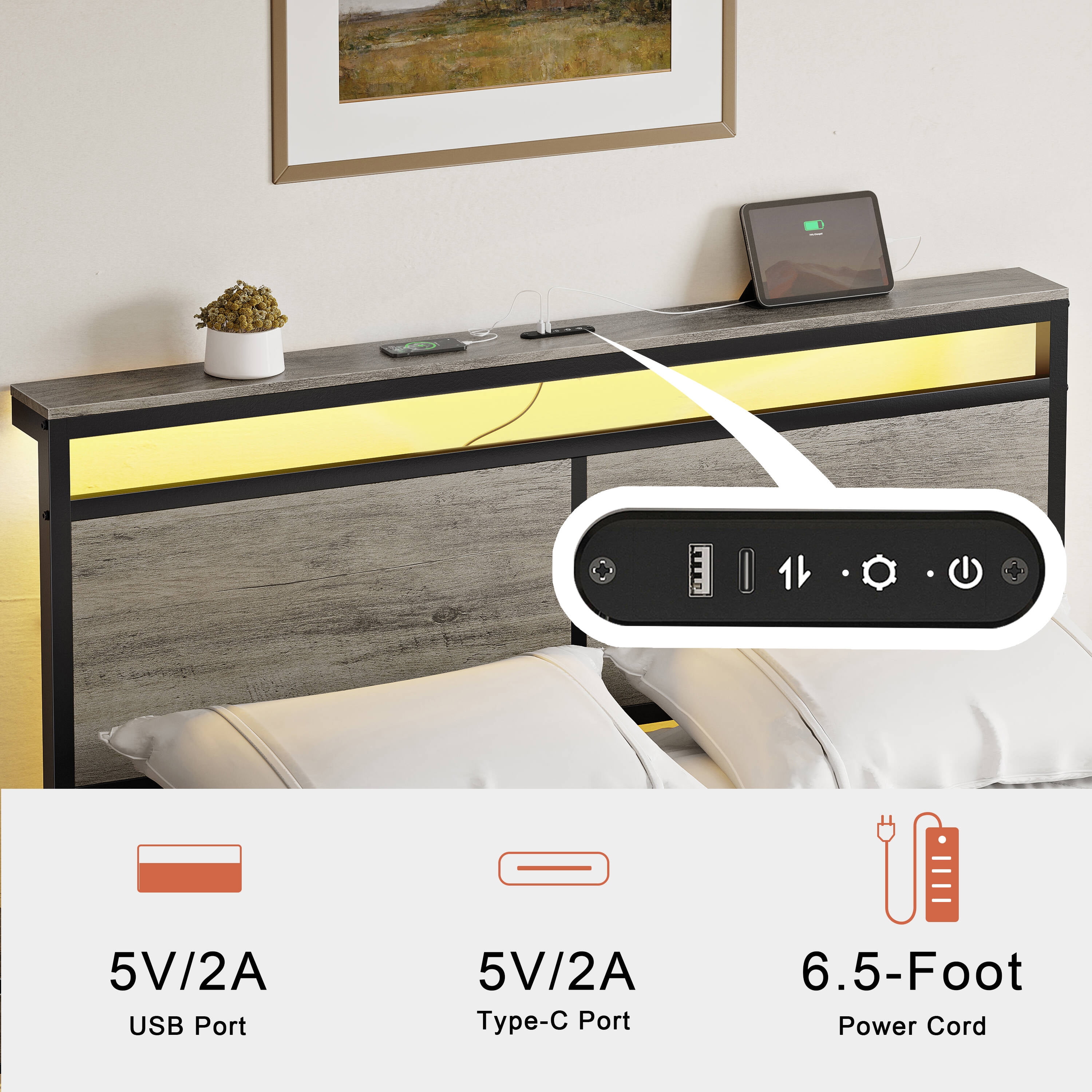 GUNAITO Queen Size Bed Frame with Headboard and 4 Storage Drawers LED Platform Bed Frame with Charging Station Gray