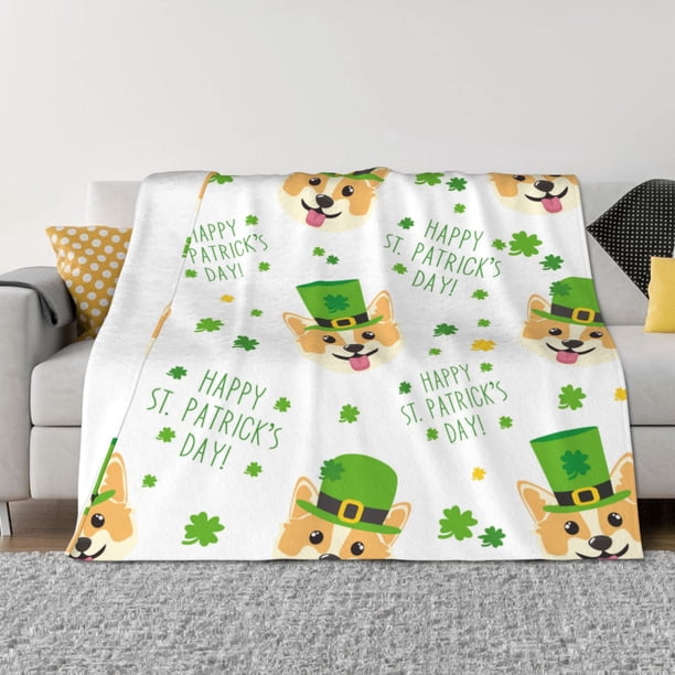 Balery happy dog. St. Patricks Day Manta de Franela con Dibujo, Lujo Ultra Suave y Cálido, Antipelusa y Resistente a las Arrugas para Cama, Sofá, Camping -80"x60"
