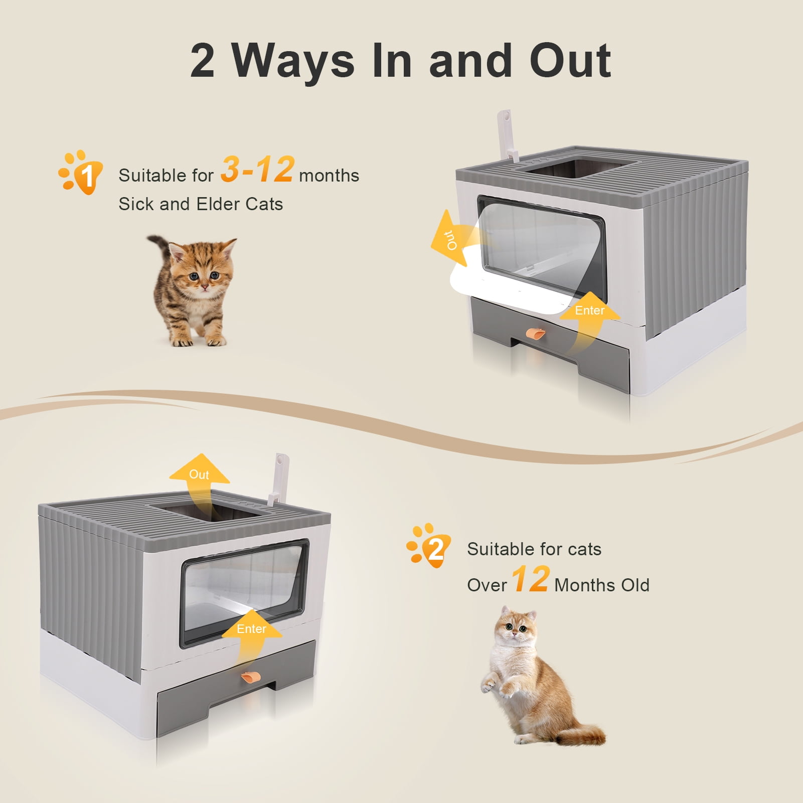 Mgaxyff Enclosed Cat Litter Box Large with Lid Cover&Litter Scoop Foldable Cat Toilet Cat Self-Grooming Side Panel w/ Easy Cleaning Tray