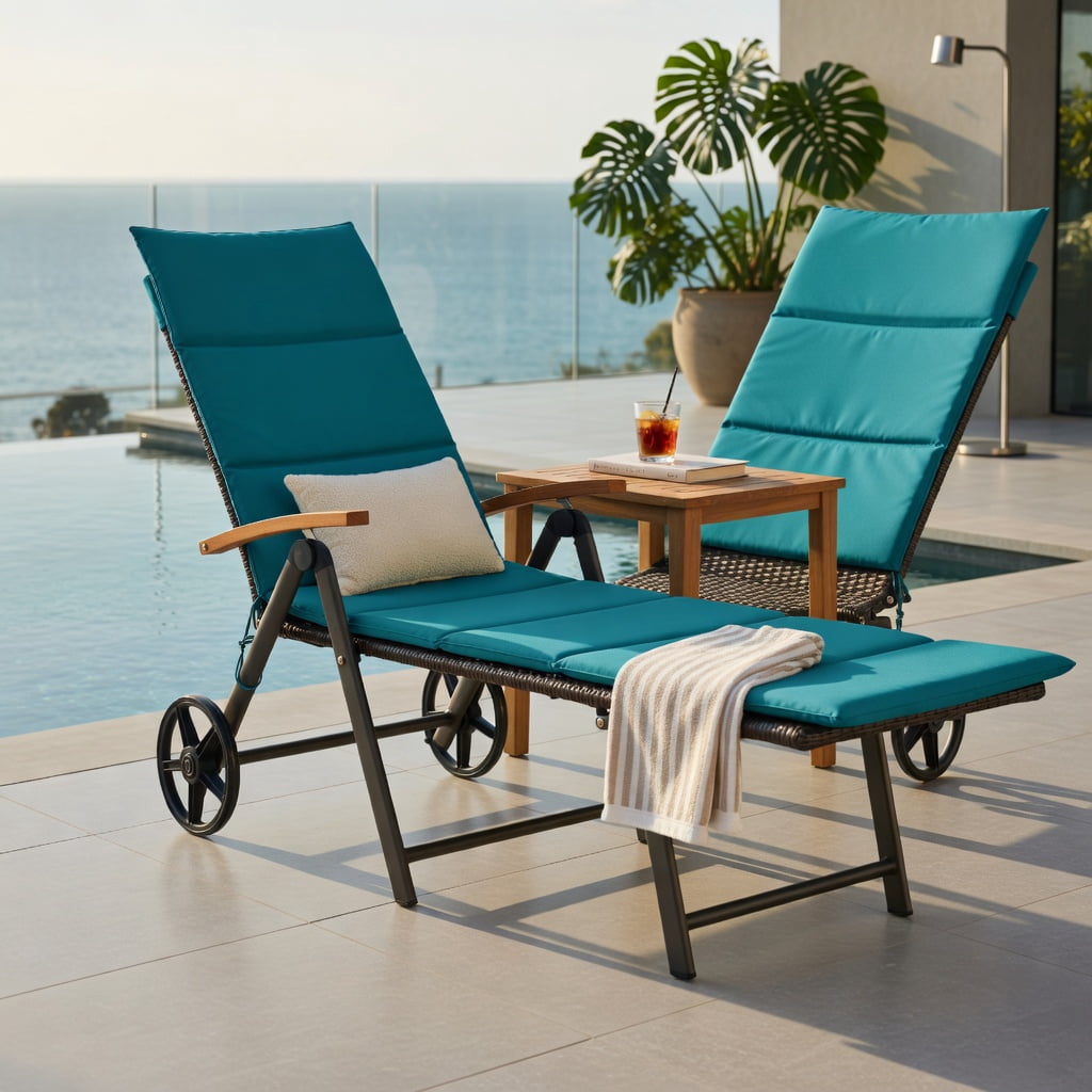 Hommoo Adjustable Outdoor Chaise Lounge Chair with PE Rattan & Cushion, Foldable, Wheeled, Turquoise