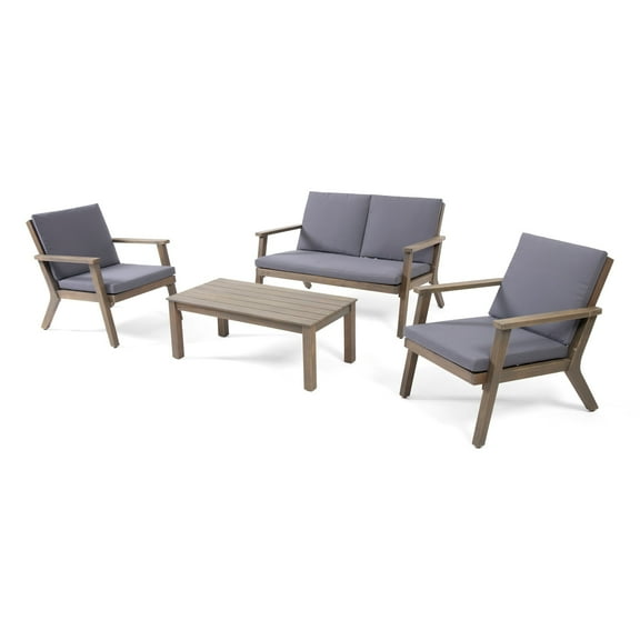 Christopher Knight Home Temecula Outdoor Acacia Wood 4-Seater Chat Set by  Gray Finish   Dark Gray Cushion