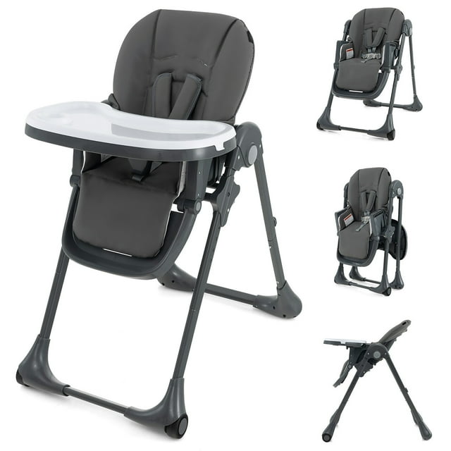 Gymax Chaise Haute pour Bébé avec 7 Hauteurs et 3 Repose-Pieds, Porte-Gobelet Réglable, 2 Roues, Gris