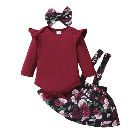 

KIMI BEAR Romper Outfits For Infant Baby Girls 12 Months Girls Fall Winter Clothes Rose Print Jumpsuit Suspender Dress Headband 3PCs Set 12-18 Months Burgundy