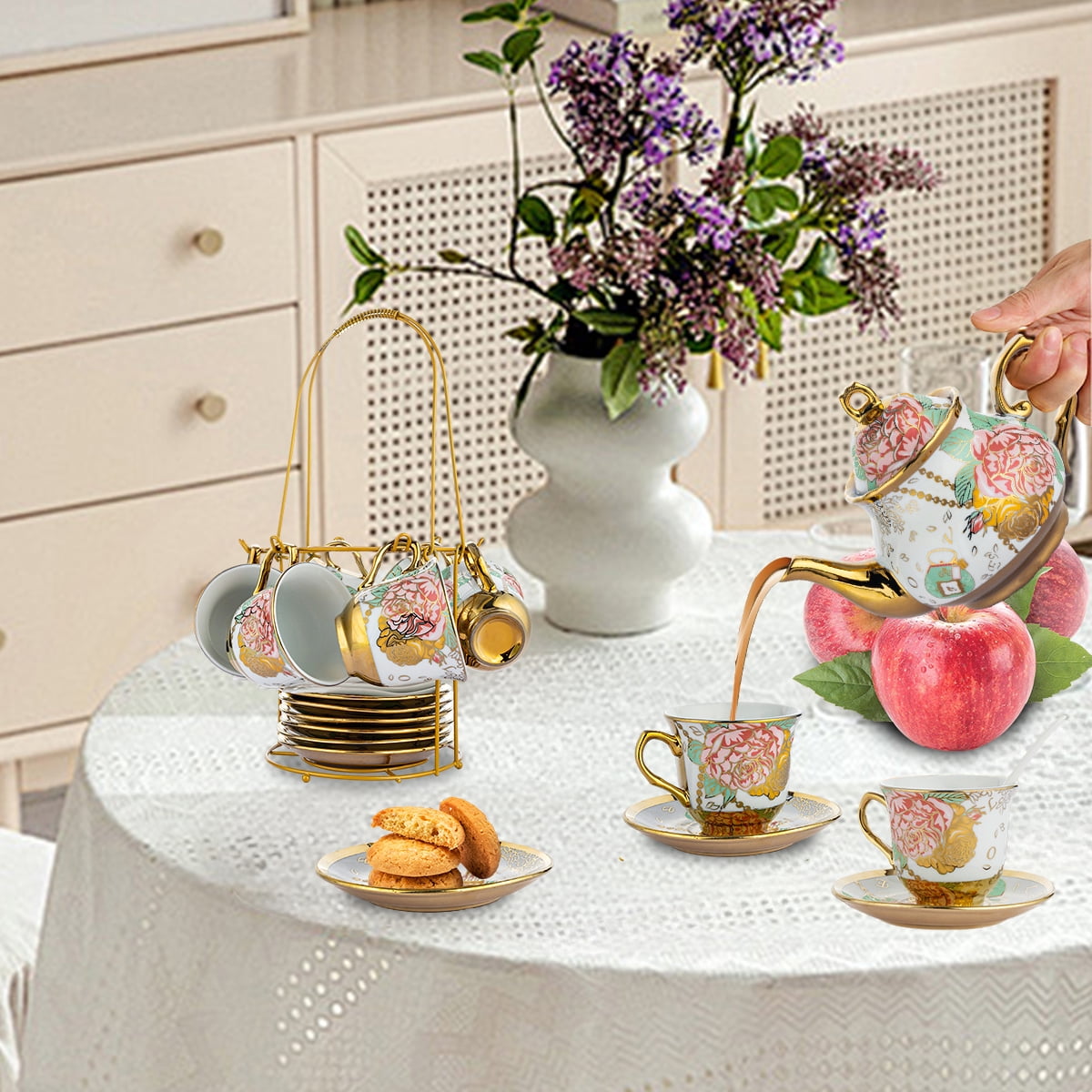 20 Pcs Tea Set,Ceramics Tea Cup Set for Adult, Coffee Cups with Metal Holder, Gold(ANJORALA )