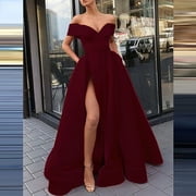 Off Shoulder Long Slit Prom Dresses A-Line Satin Formal Evening Party Gowns with Pockets