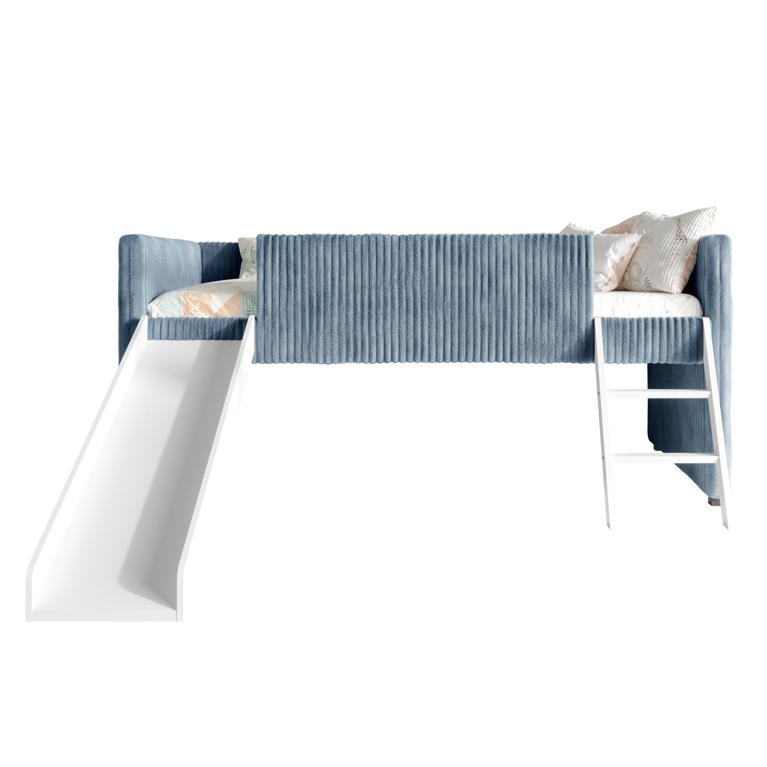 Home Design Totowa Kids Upholstered Low Loft Bed with Slide & Ladder, Soft Corduroy Fabric Twin Loft Bed for Boys & Girls, Light Blue
