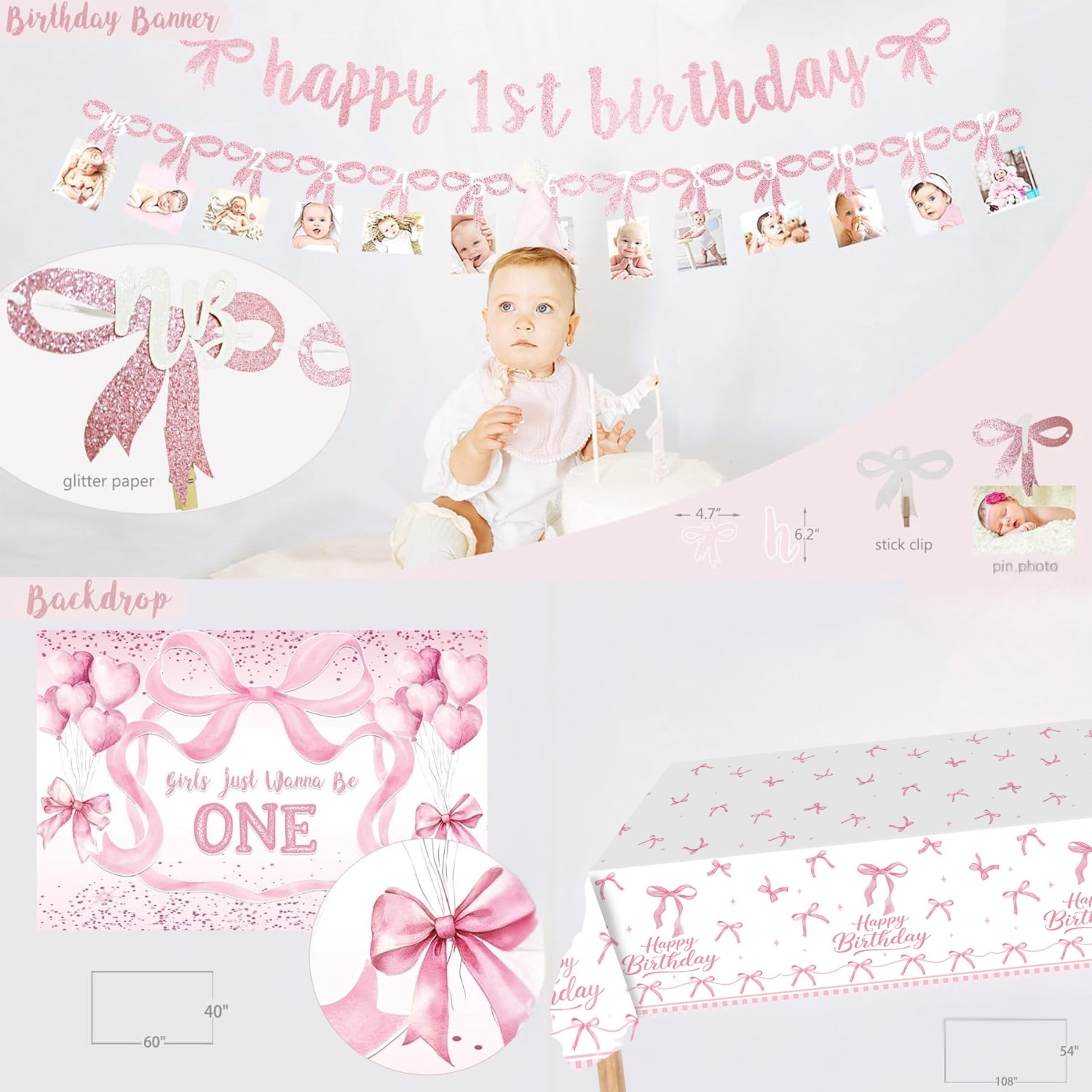 EMPIRE PARTY Supply Pink Bow 1st Birthday Decorations for Girl, Pink White Balloon Arch Kit, Backdrop, High Chair Banner, 166 Pieces