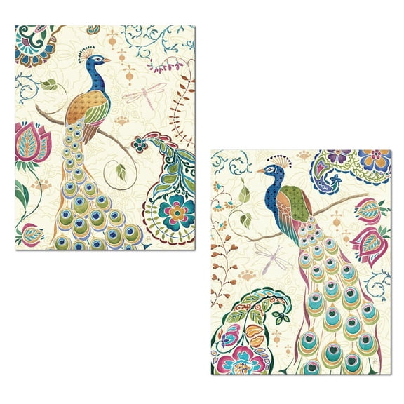 Gorgeous Green and Blue Patterned Peacock Set by Daphne Brissonnet; Two 11x14in Unframed Paper Prints