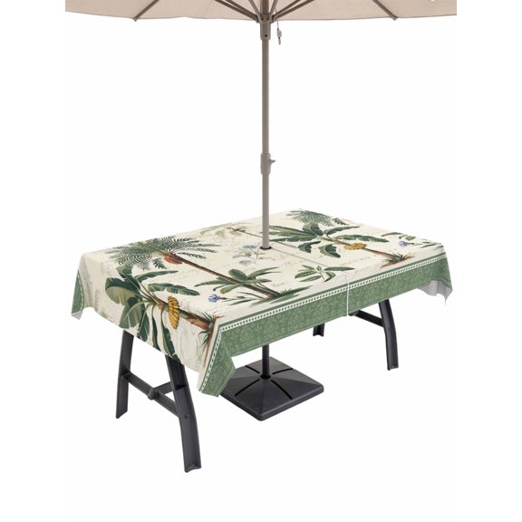 Outdoor Tablecloth with Umbrella Hole for Patio/Picnic/Party/Camping, Green Palm Trees Waterproof Table Cloth Rectangle Table Cover Washable, Summer Tropical Plants Banana Beige (60"x 84")