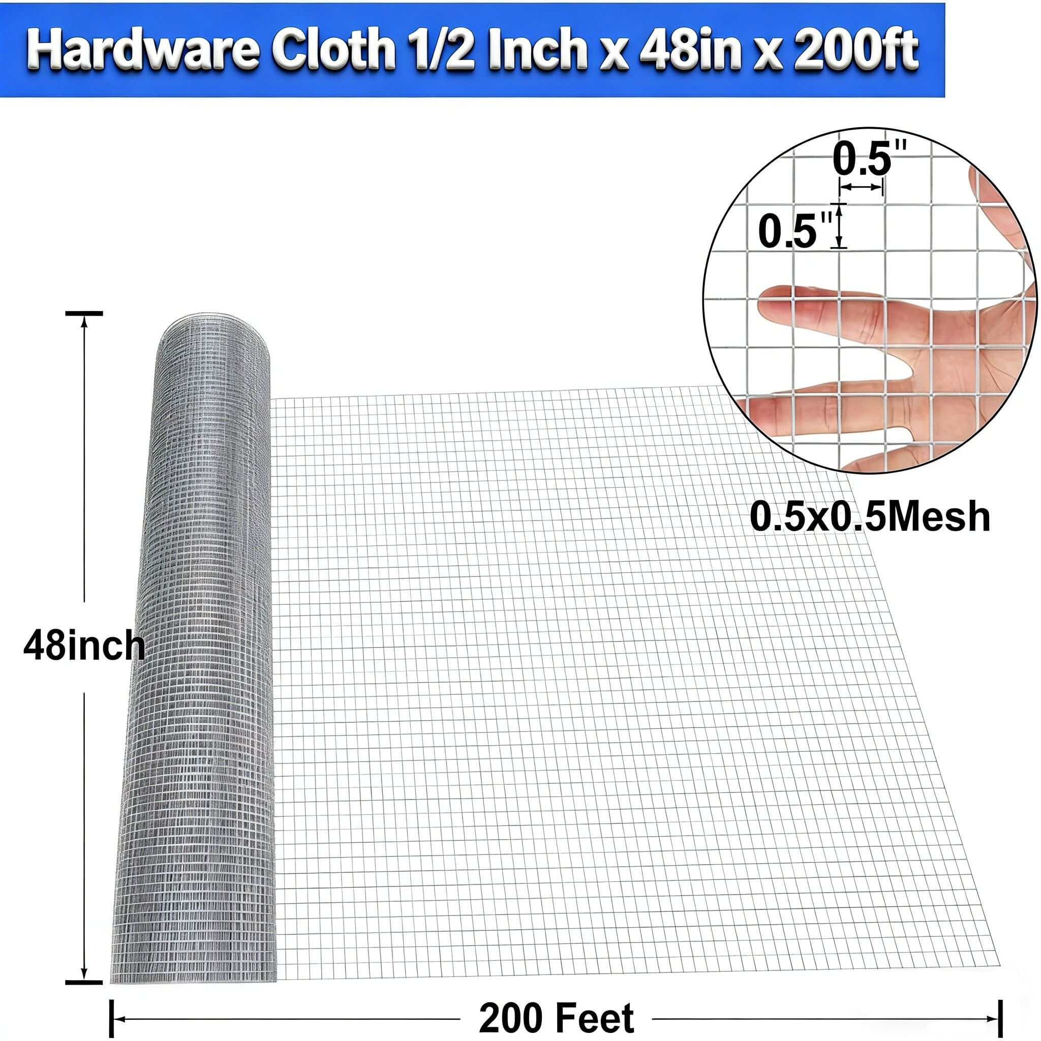 Land Guard Hardware Cloth 1/2 Inch 48inx200ft  19 Gauge Square chicken Wire Fence Mesh Roll Plant Supports Poultry Netting Cage Snake Fence(Sliver)