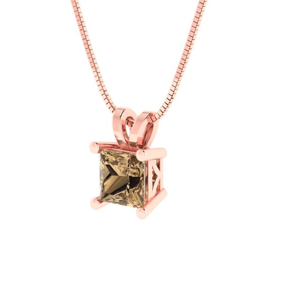 3.0 ct Brilliant Princess Cut Solitaire Champagne 14k Rose Solid Gold Everyday Affordable Designer Necklace Pendant with 16" Chain