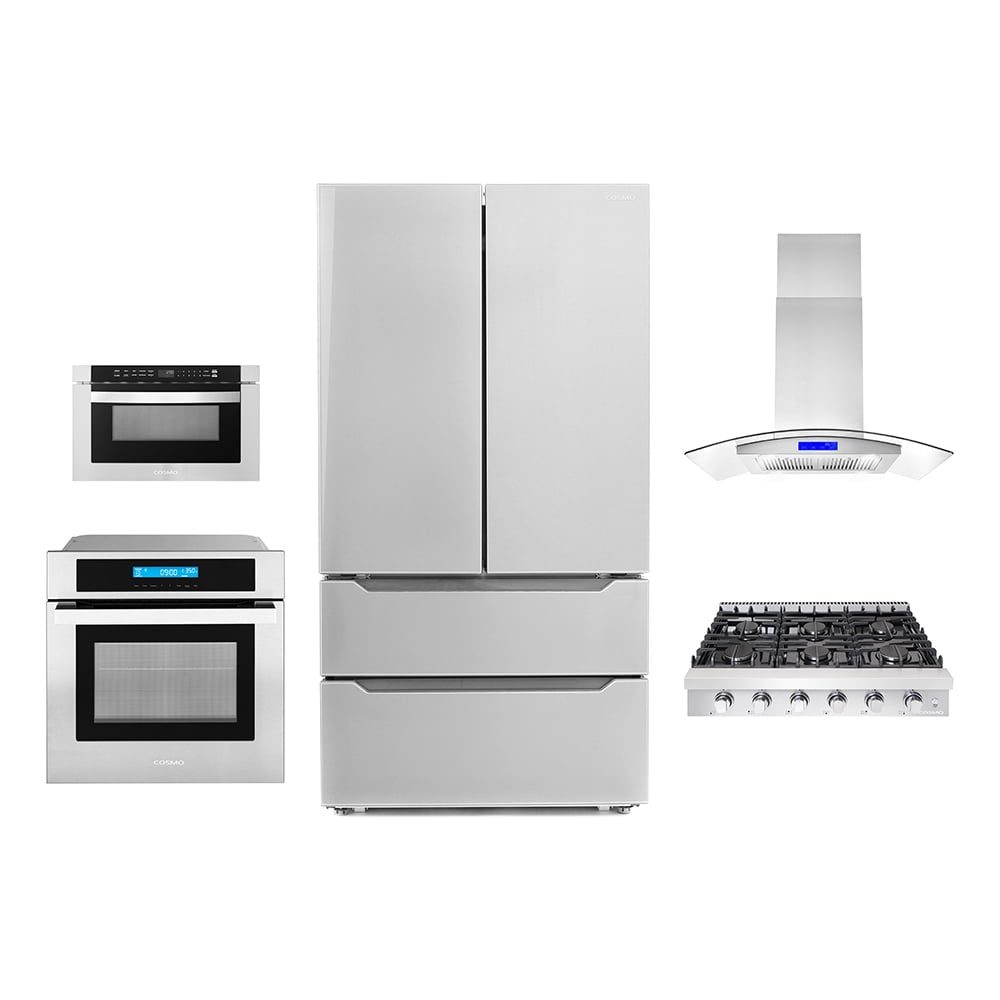 5 Piece Kitchen Package With 36" Slide-In Gas Cooktop 36" Island Range Hood 30" Single Electric Wall Oven 24" Built-In Microwave Drawer & French Door Refrigerator