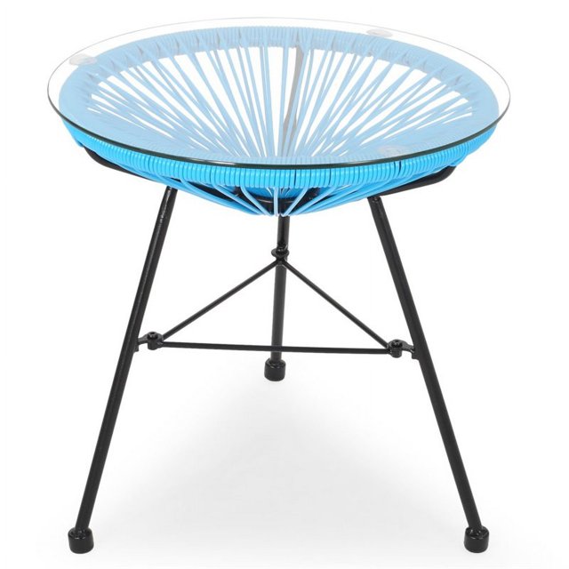 Noble House Nusa Outdoor Tempered Glass Top Faux Rattan Side Table in Blue
