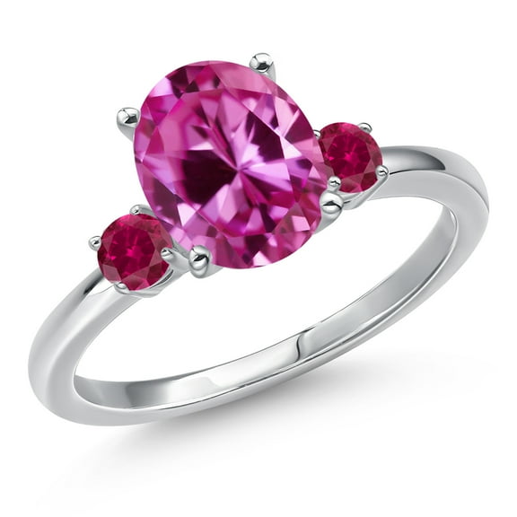 Gem Stone King 14K White Gold Pink Created Sapphire and Red Created Ruby Engagement Ring for Women | 3.53 Cttw | Oval 10X8MM | Gemstone September Birthstone | Size 8