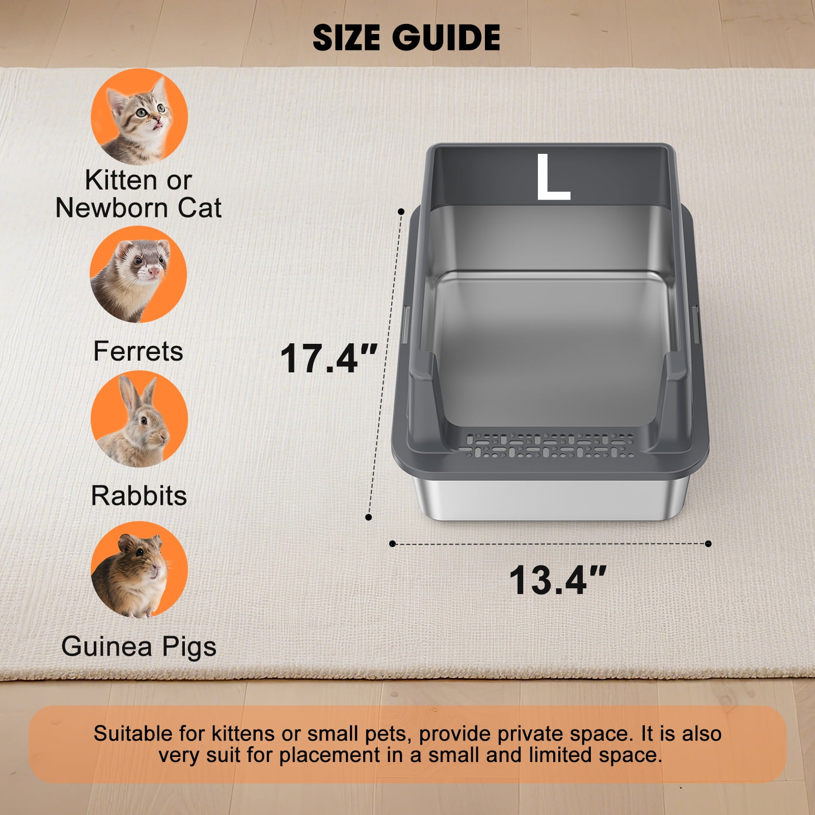 Stainless Steel Litter Box with High Sides: Top Entry Cat Litter Box for Small Mulit Big Cat, Anti-Urine Leakage, Non-Stick Bottom, 17in, Dark gray