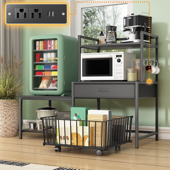 ModFurne Mini Fridge Stand with Storage, Mini Refrigerator Stand with Power Outlet, Wine Fridge Table with Movable Storage Basket for Dorm Home Use (Black)