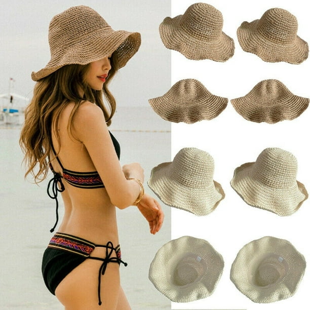 Eyiiye Women's Casual Solid Color Straw Hat Wide Brim Beach Hat Ladies Sun Visor Hat Other Onesize