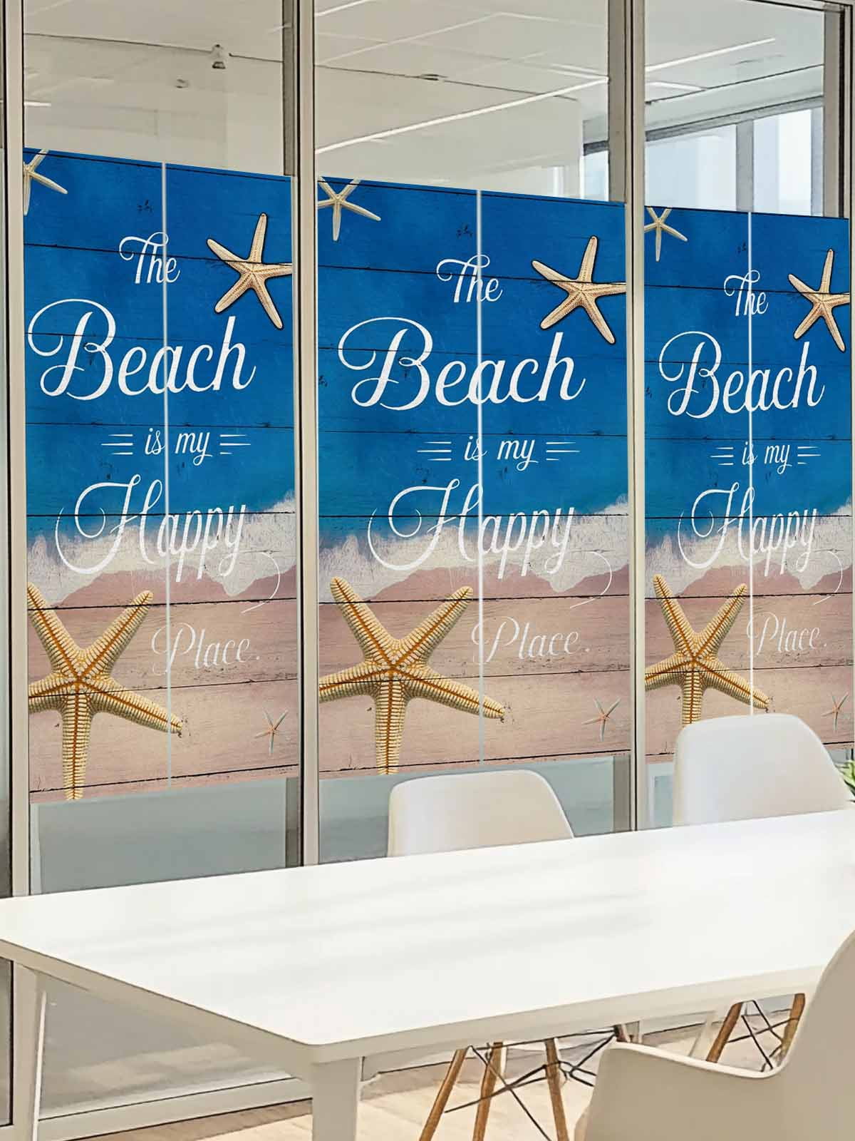 The Beach Is My Happy Place Window Privacy Film, Summer Starfish Beach Board Frosted Glass Window Clings Static Cling UV Heat Blocking Reusable Door Sticker for Bathroom 29.5 x 118 Inch