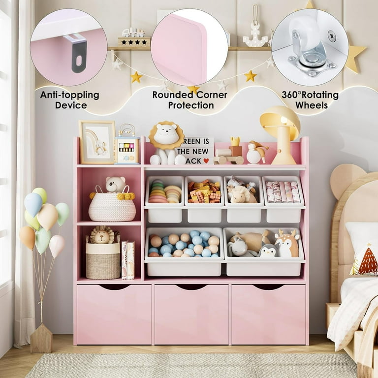 Toy Storage Organizer with Movable Drawers, Bookshelf and