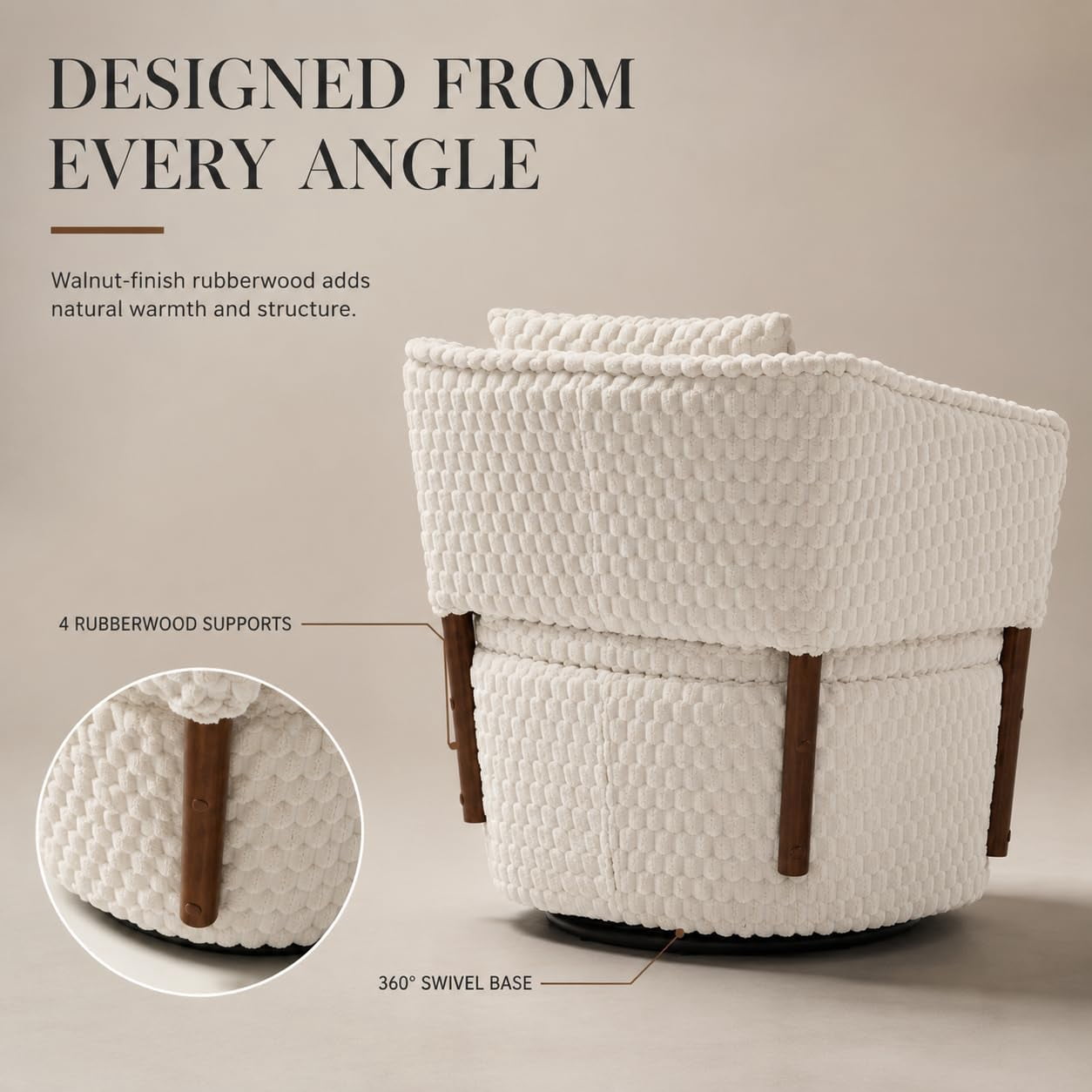 MOONIMSS 360°Swivel Accent Chair, Corduroy Vanity Chair with Storage,Beige
