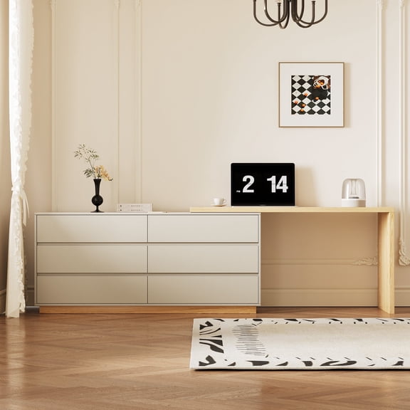 Expandable L-Shaped Corner Desk, 56–98.5" Modern Desk with 6 Drawers, Adjustable Home Office Table, Beige