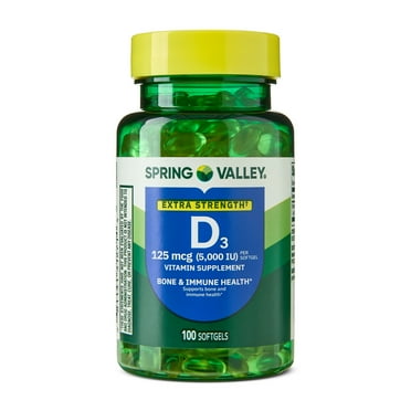 Spring Valley Extra Strength Vitamin D3 Softgels, 125 mcg (5000 IU), 100 Count,  Supplement for Bone and Immune Health