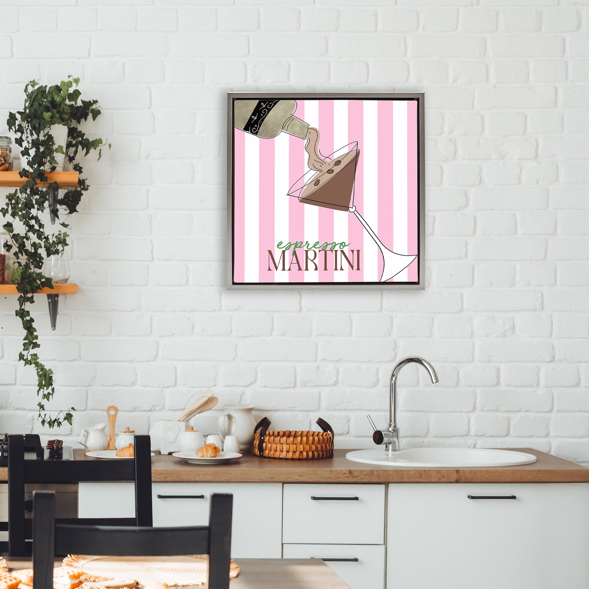 Stupell Industries Espresso Martini Pink Stripes Gray Framed Floater Canvas Wall Art, design by Deidre Mosher