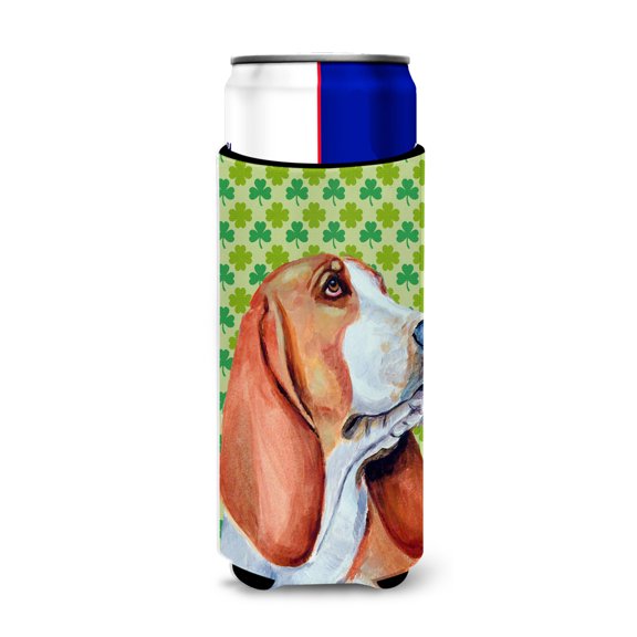 Caroline's Treasures LH9197MUK Basset Hound   Shamrock Portrait Hugger for Slim Cans