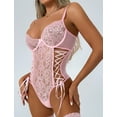 thumbnail image 2 of Ausing Lingerie for Women Teddy Bodysuit Lace Babydoll with Stocking One-Piece See Through Strappy Sexy Boudoir Outfit Pink L, 2 of 6