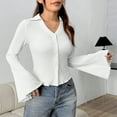 thumbnail image 2 of biudgviw Button Down Shirts for Women Slim Fit Bell Sleeve Blouses Lightweight Comfy Lapel V Neck Crop Tops Going Out Outfits, 2 of 5