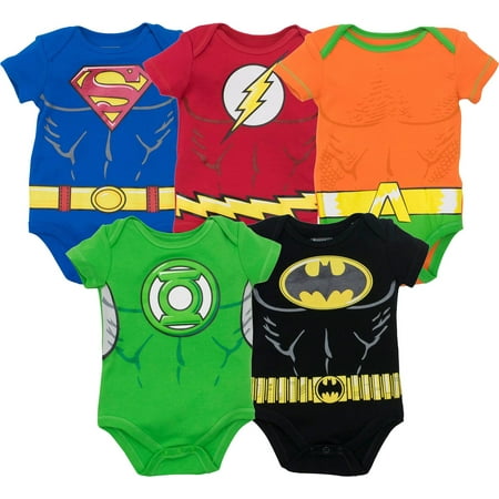 DC Comics Justice League Batman Superman The Flash Newborn Baby Boys 5 Pack Costume Bodysuits Newborn to Infant