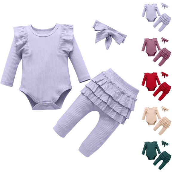 Bovxnpu Baby Girl's 3pc Short Sleeve Romper and Short Set Baby Solid Ruffled Sleeve Long Sleeve Ribbed Romper Pants Headband 3-Piece Ruffled Pant Sets Summer 2 Piece Outfits