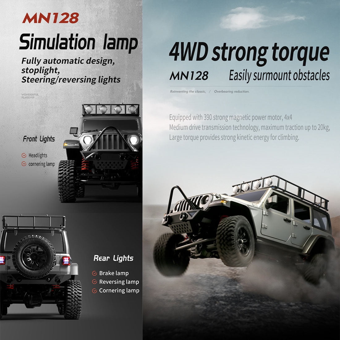 MN-128 RC 4WD Off-Road Climbing Car with Lights, 1:12 Scale Full-Proportional 2.4GHz Remote Control Vehicle, RTR Crawler Model for Adults & Hobbyists