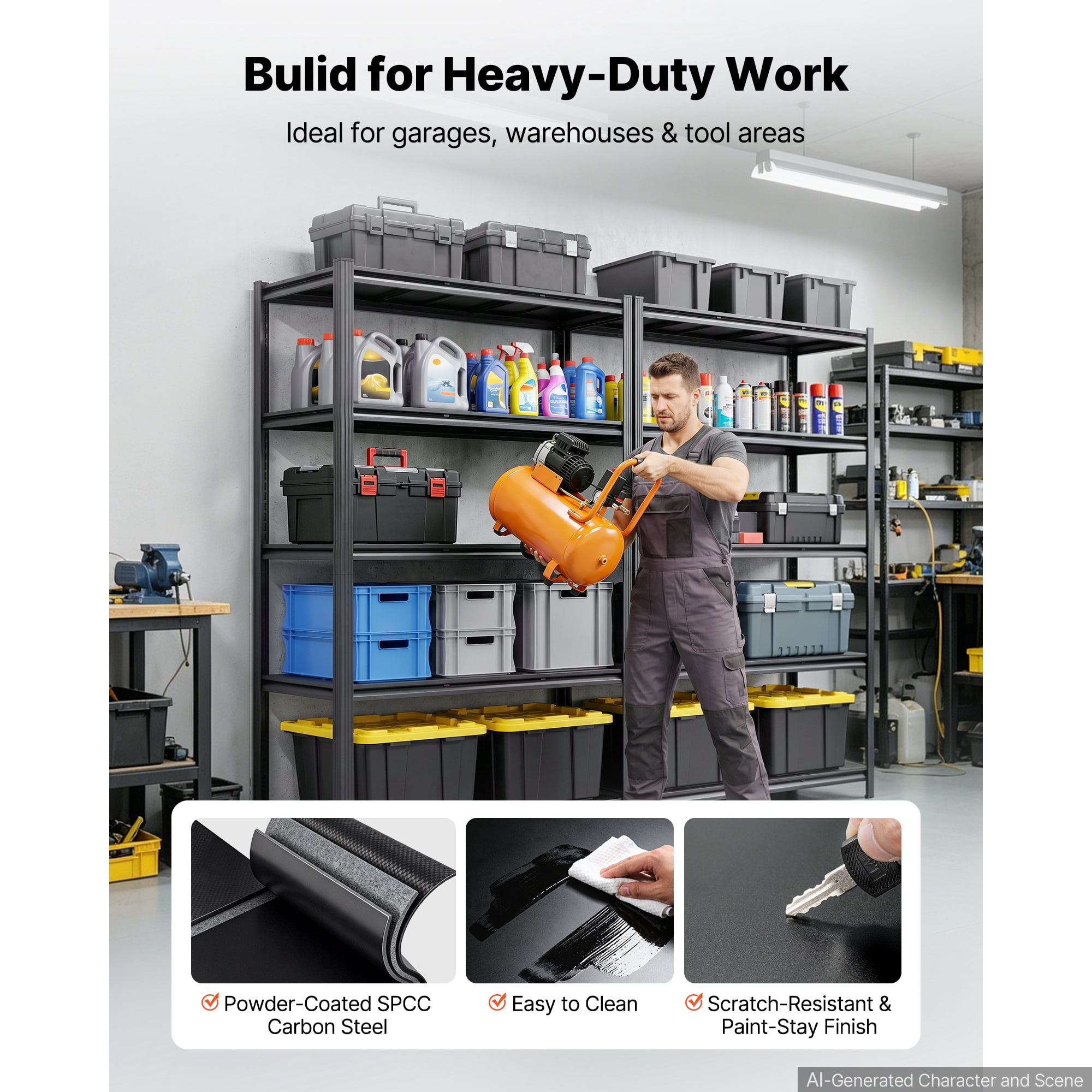 KFFKFF 5-Tier Adjustable Storage Shelves, 3000 lbs Capacity, Heavy-Duty Metal Utility Rack for Garage, Workshop, Warehouse, or Basement, 48.43" W x 24.53" D x 71.38" H