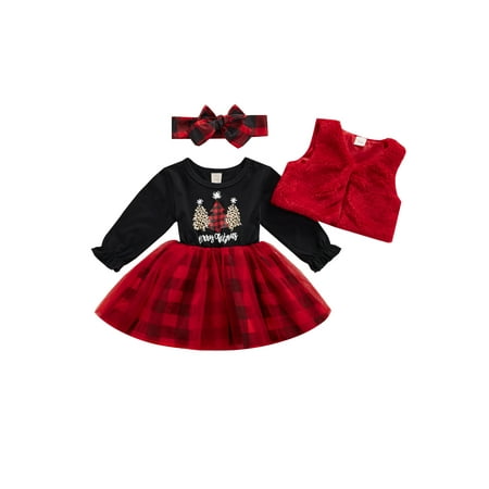 

Calsunbaby 3PCS Toddler Infant Baby Girl Long Sleeve O-Neck Christmas Tree Printed Tops Plaid Multi Layer Skirt Vest Headband