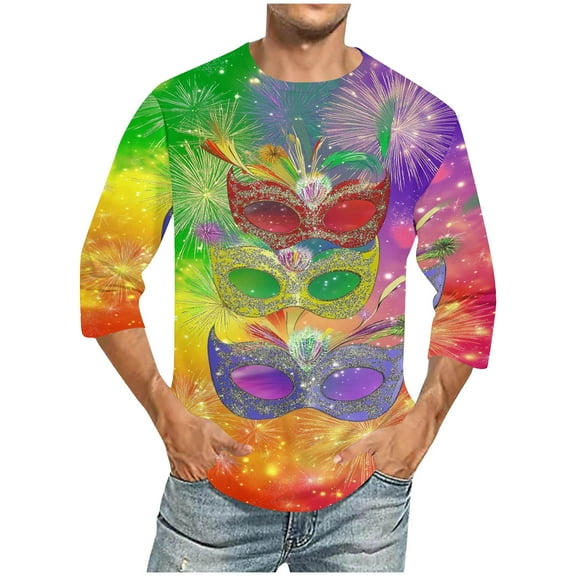 UVEASISHA Mens Mardi Gras Shirts Big and Tall Casual 3/4 Sleeve Carnival Themed T-Shirt Novelty Holiday Printed Crewneck Tops Parade Pullover Multicolor 3XL
