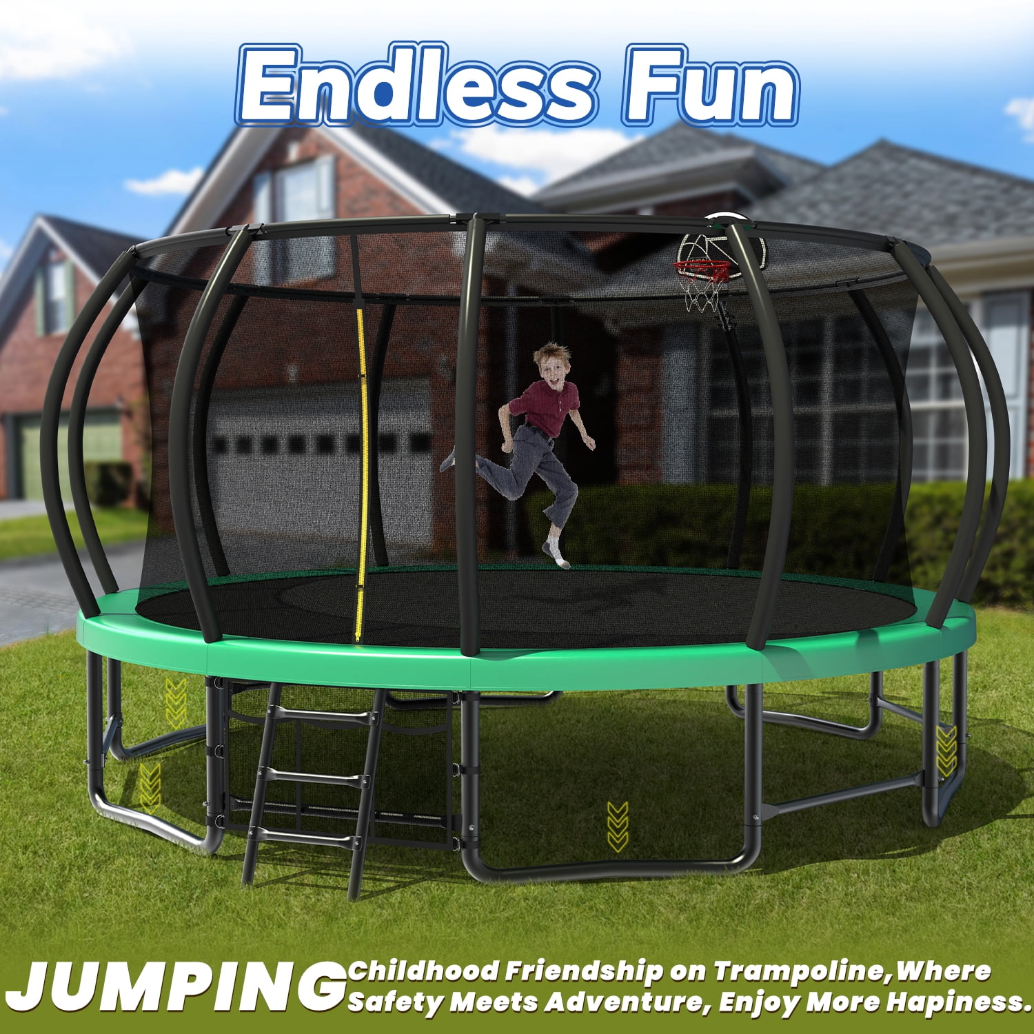 Leumius 16FT Trampoline with Enclosure Net,Outdoor Heavy Duty Pumpkin Trampolines with Curved Poles,Recreational Trampolines with Ladder and Basketball Hoop for Kids and Adults,Green