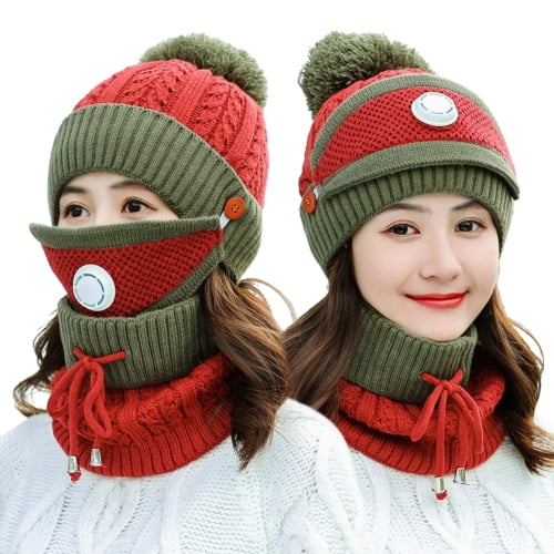 CigyYogy 4-in-1 Hat, Scarf, Earmuff & Face Shield Set - Knitted Fleece Lining, One Size, Red