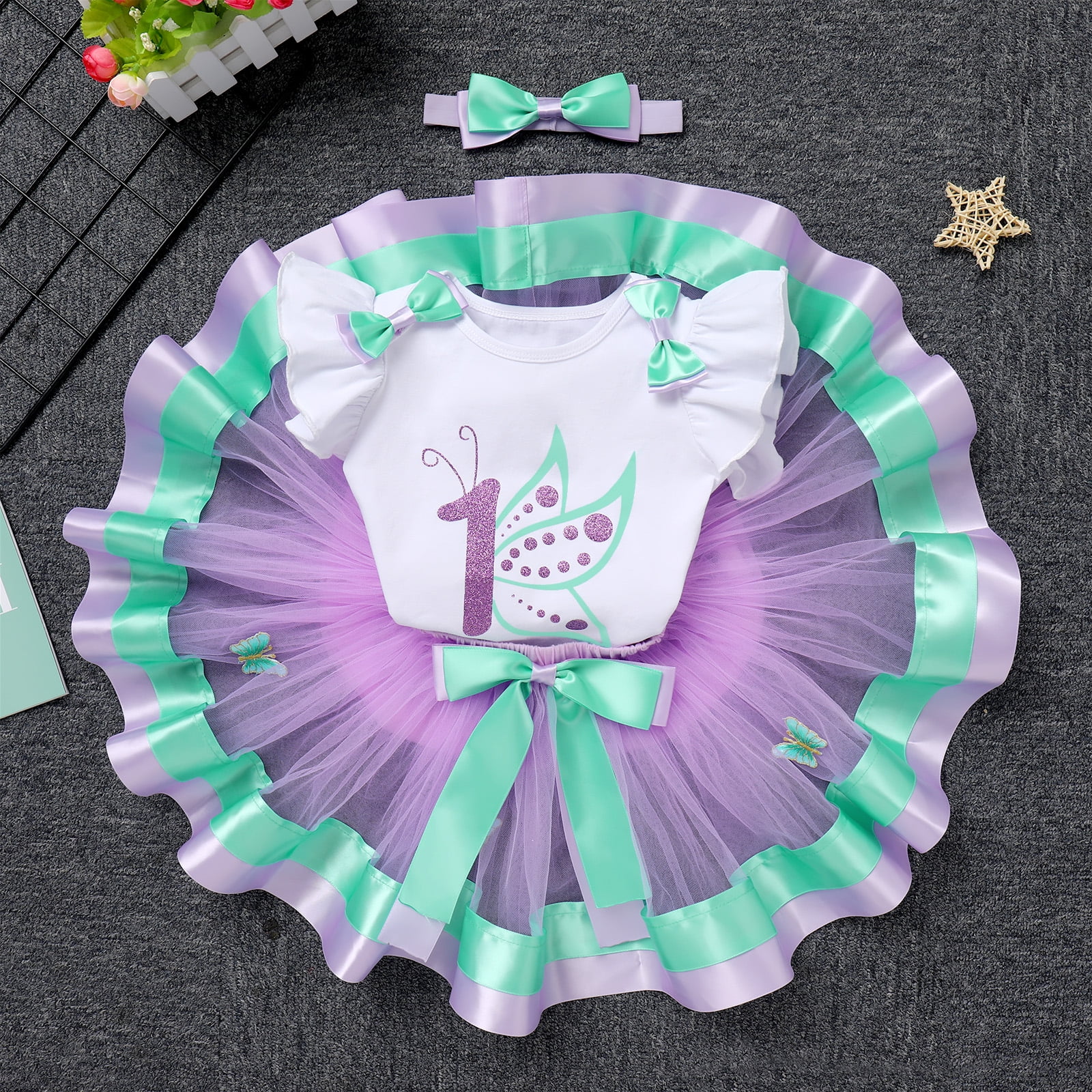 IBTOM CASTLE Baby Girl 1st Birthday Outfit Farm Cow Romper Tutu Skirt Headband Cake Smash Photo Shoot Clothes
