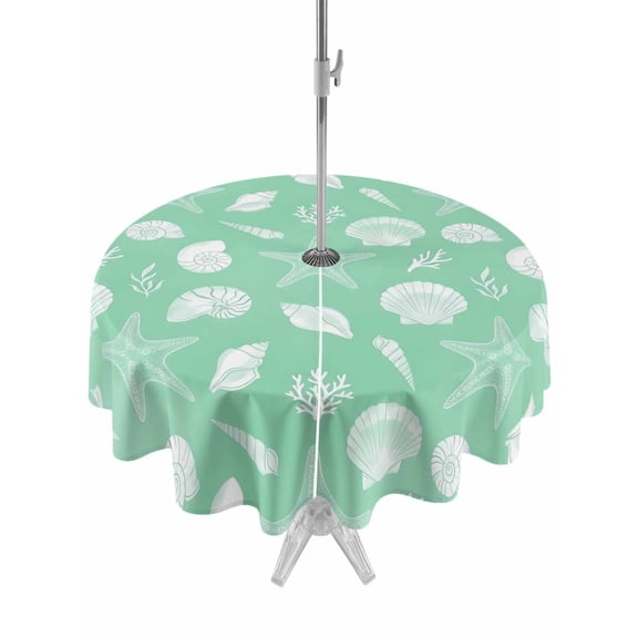Outdoor Tablecloth with Umbrella Hole for Patio/Picnic/Party/Camping, Green Starfish Coastal Waterproof Table Cloth Round Cover Washable, Shell Conch Coral Nautical Summer (Dia 60")