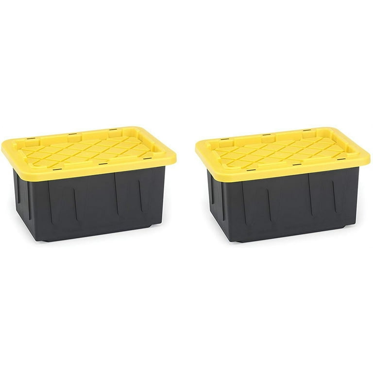 Homz Durabilt 15 Gallon Capacity Flip Lid Stackable Heavy Duty Tough Storage Container Tote, Black Base with Yellow Lid (6 Pack)
