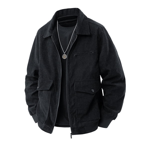 Fgnfyis Men Jacket Corduroy Casual Jacket Autumn Winter Stand Collar Lightweight Outdoor Windbreaker for Daily Wear Trench Coat Men Black L
