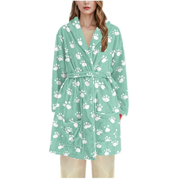Women's Cute Paw Print Flannel Robe Winter Plush Fleece Bathrobe with Pockets Soft Warm Housecoat Long Sleeve Nightgown Home Loungewear Sleepwear