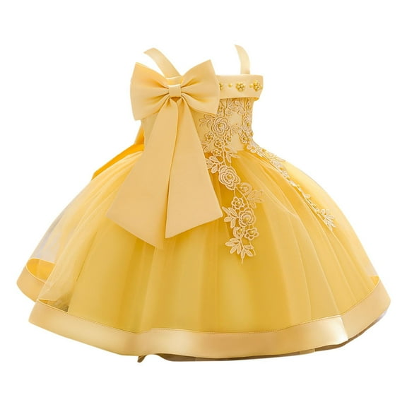 Moocorvic Summer Baby Dress Tulle Off Shoulder Sleeveless Bow Princess Gown for Christening, Toddler Party Formal Wear 9-12 Months,Yellow