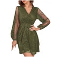 thumbnail image 2 of YHAJDS Women's Casual Dress,Women Midi Dresses Long Sleeve Casual Dress Solid Color V Neck Mesh Gold Print 3/4 Sleeve Paneled Dress for Fall Winter, 2 of 5