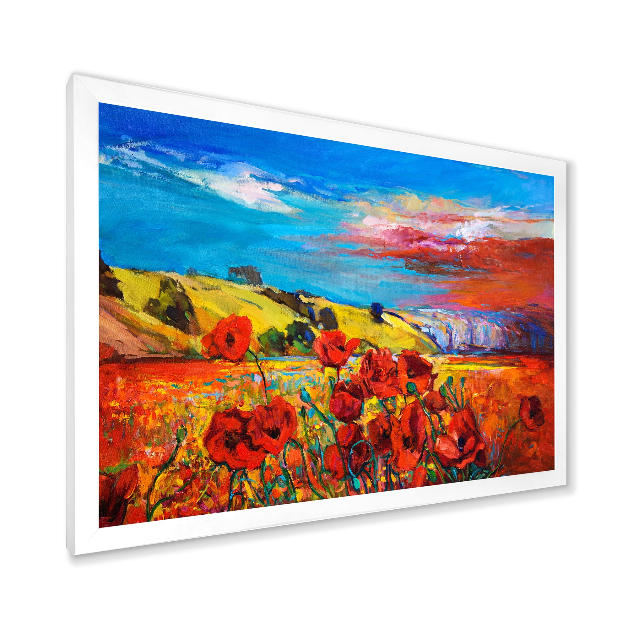 Designart 'Blossomg Red Poppies Under A Blue Sky' Traditional Framed Art Print